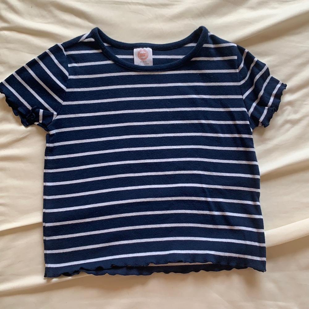 blue and white striped cropped ruffle top